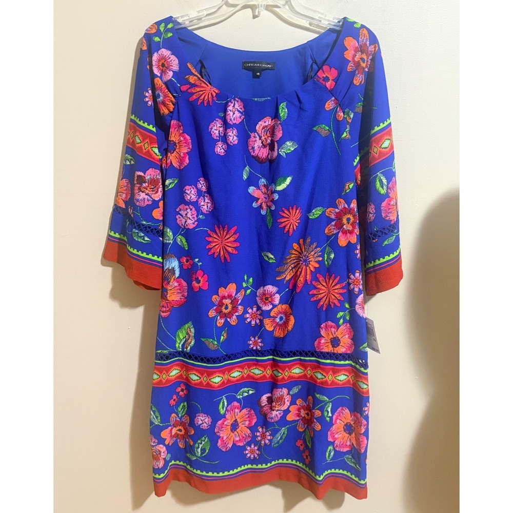 Chris McLaughlin Floral Shift Dress 16 Blue New 3/4 Bell Sleeve‎ Boho